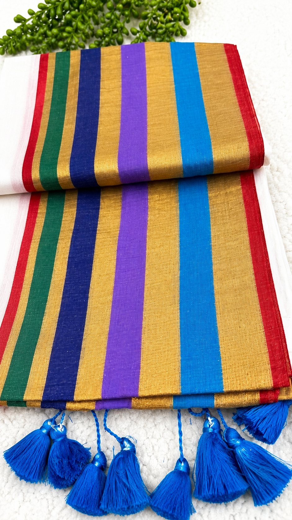 Mulcotton Saree | Cream Saree with Multicolour Striped Gold Zari Border | Tasselled Edge Traditional Saree