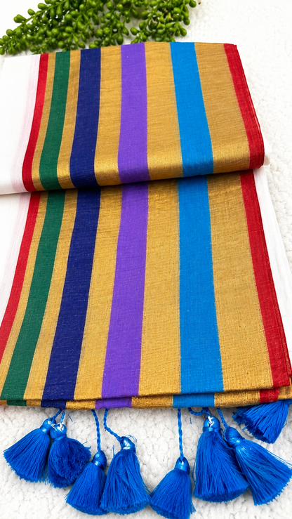 Mulcotton Saree | Cream Saree with Multicolour Striped Gold Zari Border | Tasselled Edge Traditional Saree