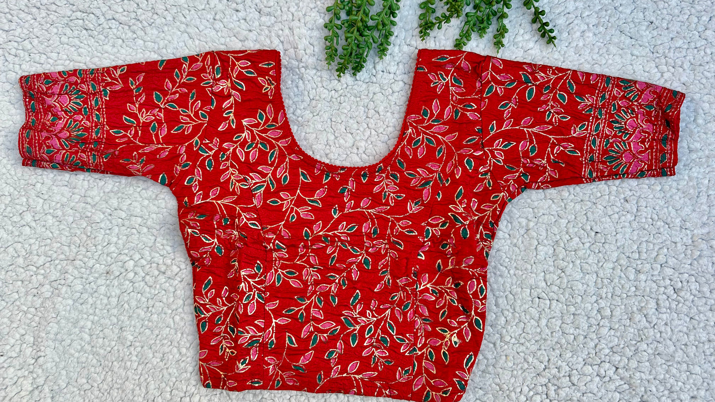 Stretchable Readymade Saree Blouse | Leaf Design with Gold Detailing | Ready to Wear Round Neck Blouse with Patterned Sleeve Border (S-L)
