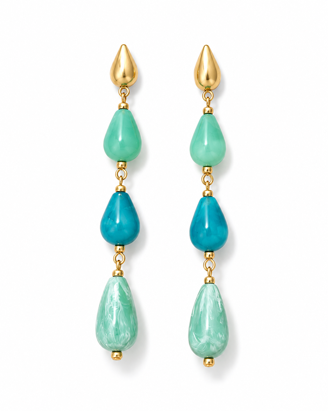 Aqua Teardrop Beaded Long Drop Earrings – Gold Tone