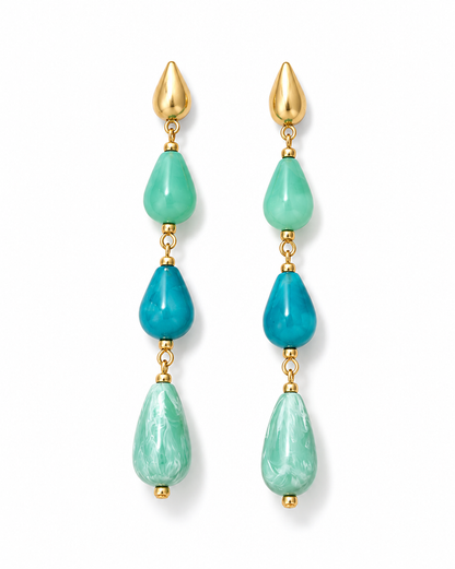 Aqua Teardrop Beaded Long Drop Earrings – Gold Tone