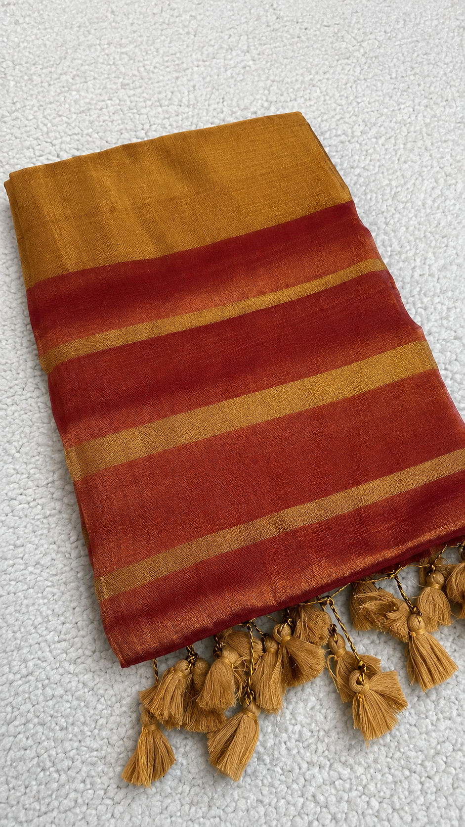 Metallic Maroon Raga Tissue Saree with Mustard Gold Border & Tassels