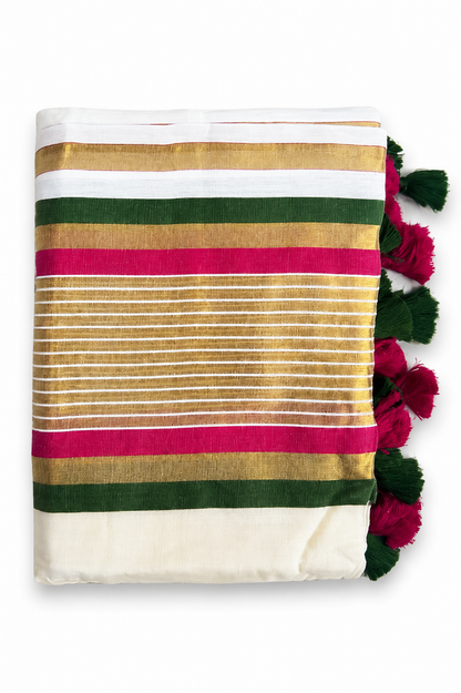 Mul Cotton Saree – Pink, Green & Gold Striped Border | Traditional South Indian Saree with Tassels