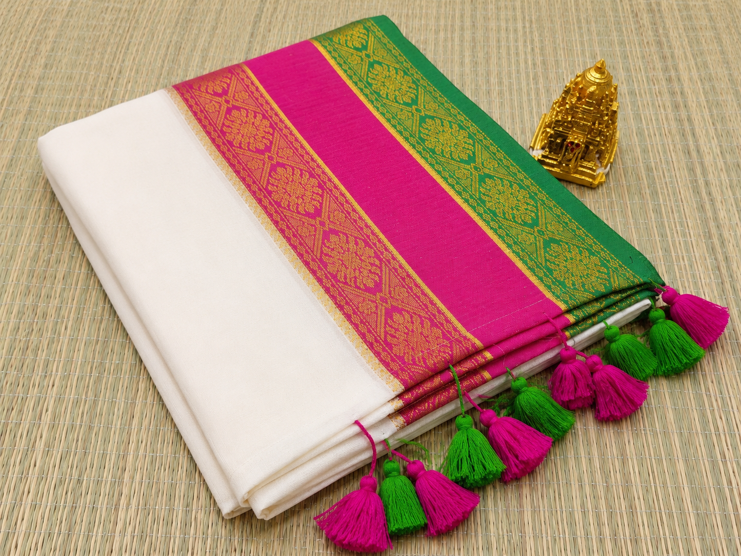 Mulcotton Saree | Cream Saree with Pink, Orange & Green Zari Brocade Border | Tasselled Edge Traditional Saree