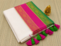 Mulcotton Saree | Cream Saree with Pink, Orange & Green Zari Brocade Border | Tasselled Edge Traditional Saree