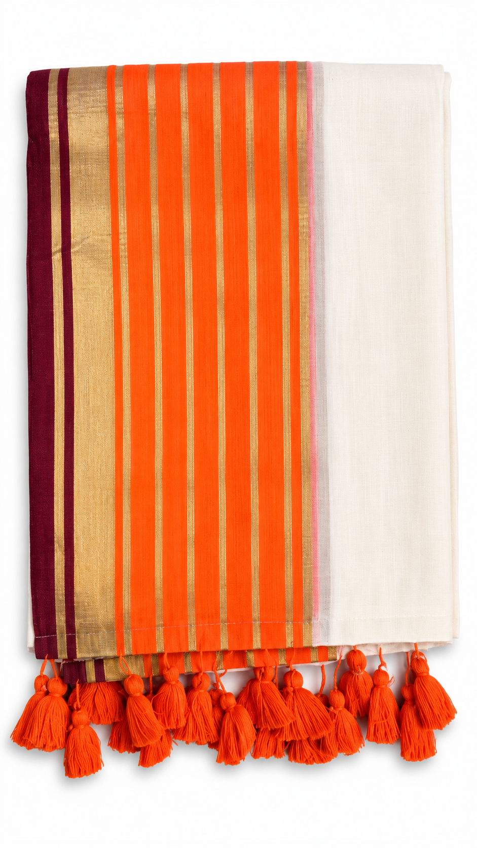 Off-White Mulcotton Saree with Orange & Gold Zari Stripe Border – 120 Count Kerala Cotton Saree
