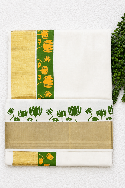 Kerala Cotton Set Saree | Onam Special White Cotton Saree with Green Lotus Motif & Gold Kasavu Border | Traditional Festive Saree