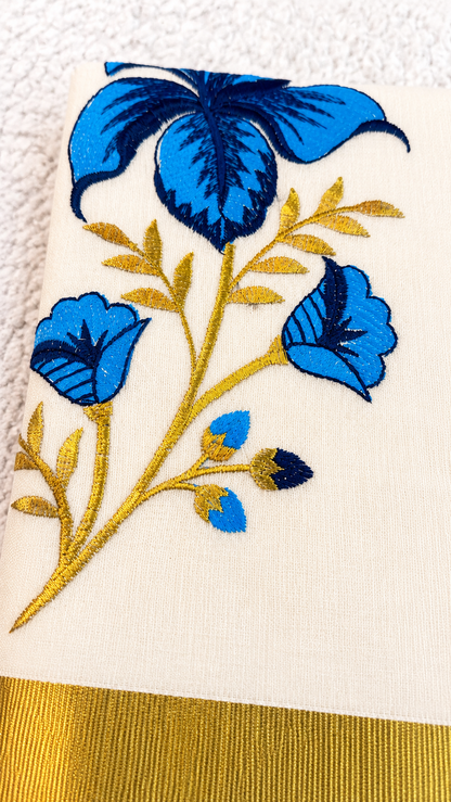 Cotton Saree with Blue Floral Embroidery & Gold Border | Kerala Style Festive Wear