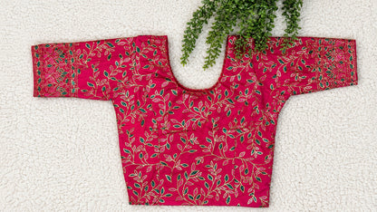 Stretchable Readymade Saree Blouse | Leaf Design with Gold Detailing | Ready to Wear Round Neck Blouse with Patterned Sleeve Border (S-L)