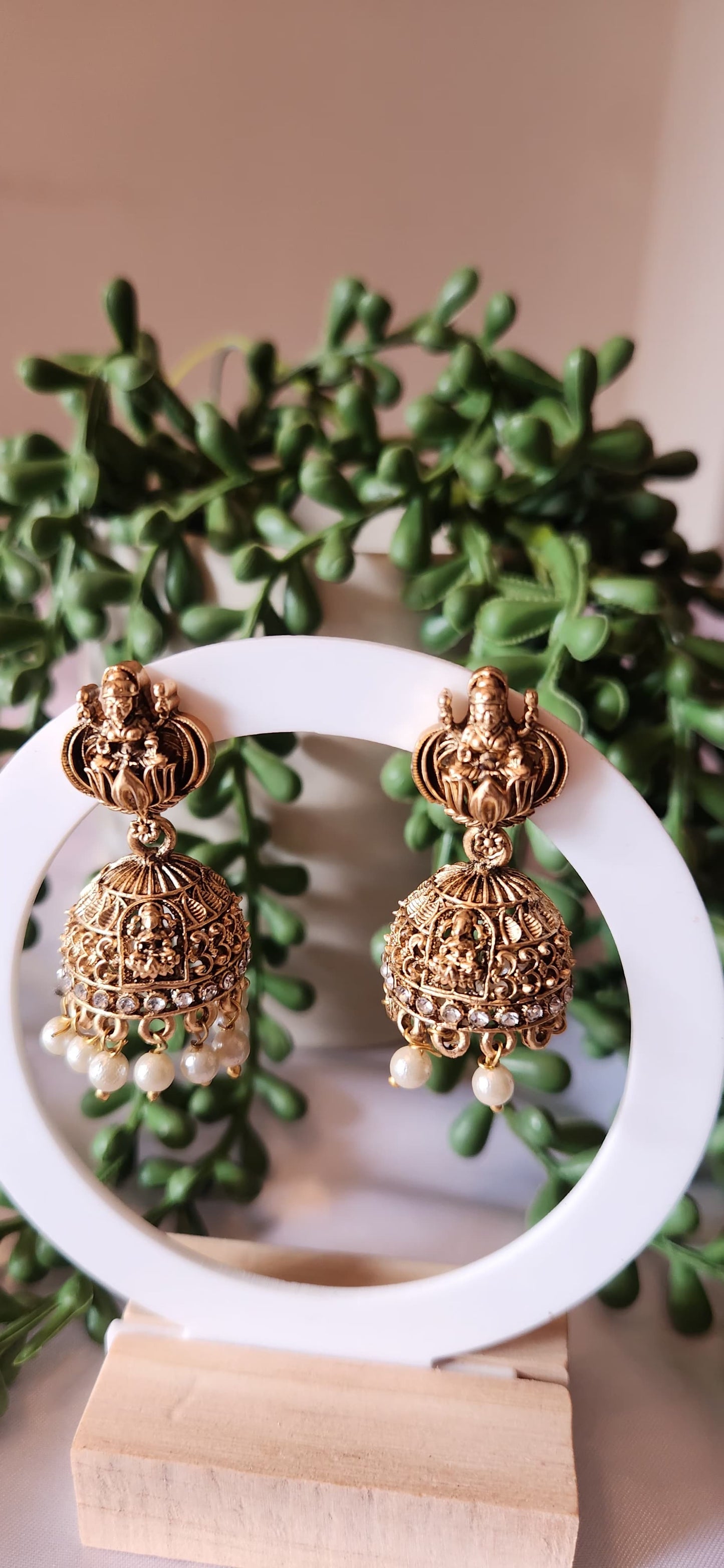 Antique Gold Temple Haram Necklace Set – Long Lakshmi Pendant with Jhumka Earrings & Pearl Drops