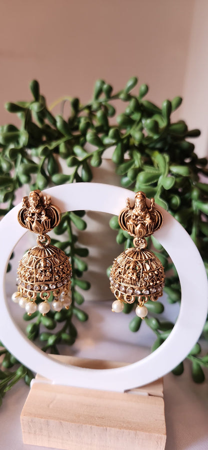Antique Gold Temple Haram Necklace Set – Long Lakshmi Pendant with Jhumka Earrings & Pearl Drops