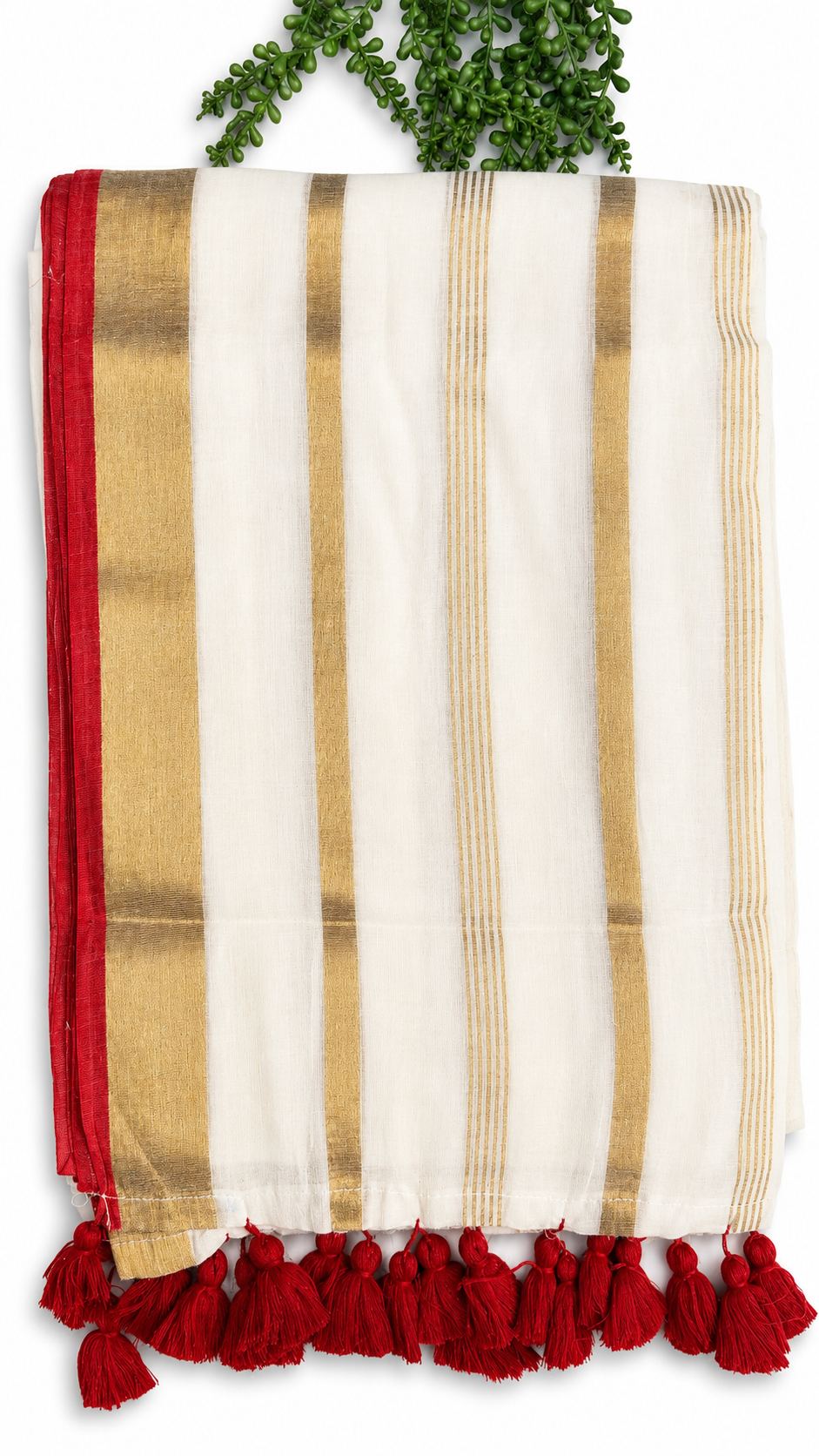 Off-White Mulcotton Saree with Gold Zari Stripes & Red Border – 120 Count Kerala Cotton Saree