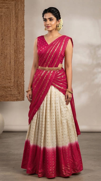 Off-White & Pink Dhavani Set – Chanderi Skirt with Lurex Dupatta & Vichithra Silk Blouse
