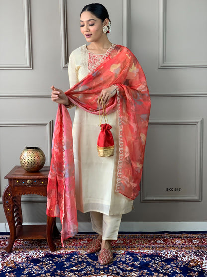 Ivory Chanderi Embroidered Kurti Pant Set with Coral Digital Print Dupatta