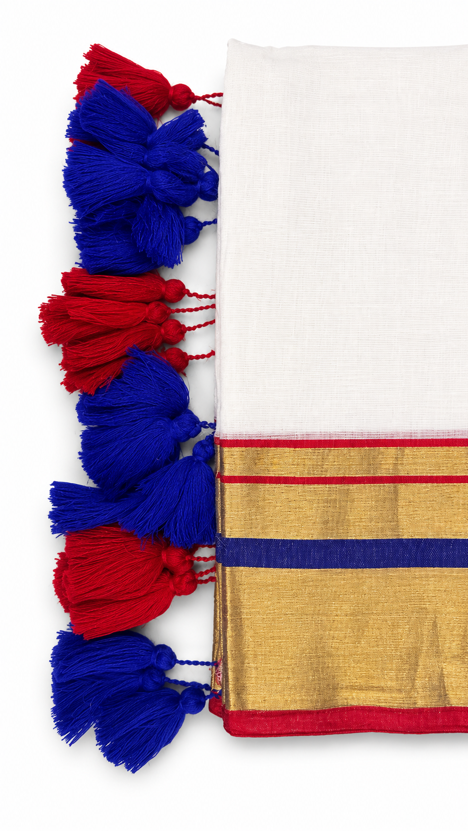 Off-White Mulcotton Saree with Gold Kasavu Border, Blue & Red Tassels – 120 Count Kerala Cotton Saree