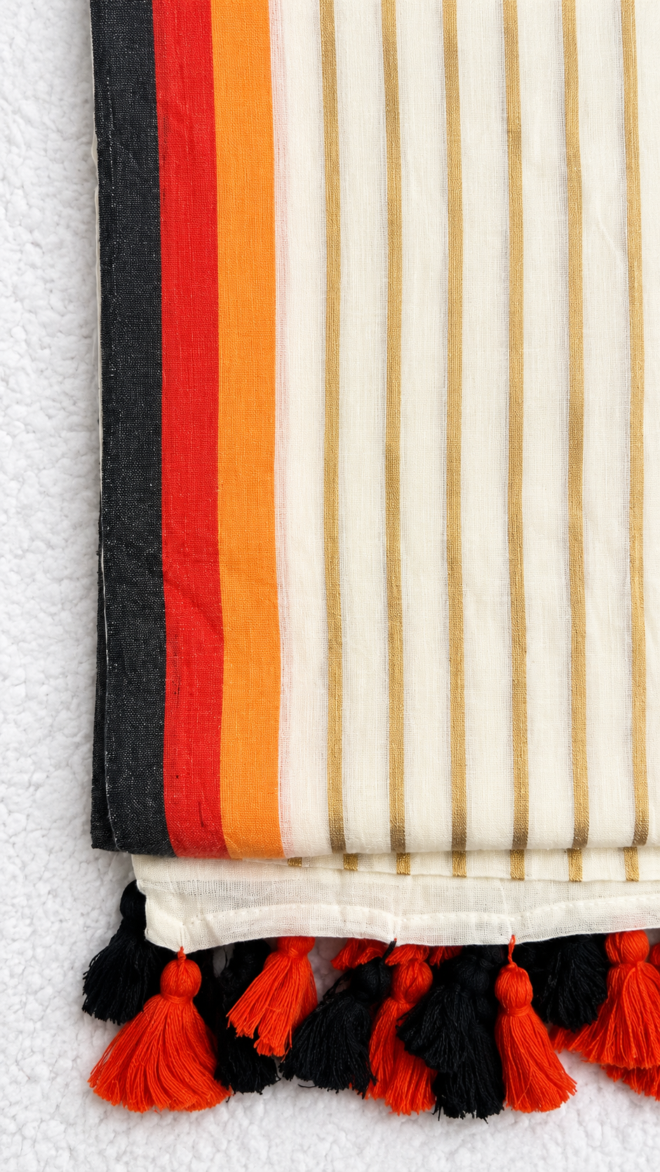 Off-White Mulcotton Saree with Gold Pinstripes & Black-Red-Orange Border – 120 Count Kerala Cotton Saree