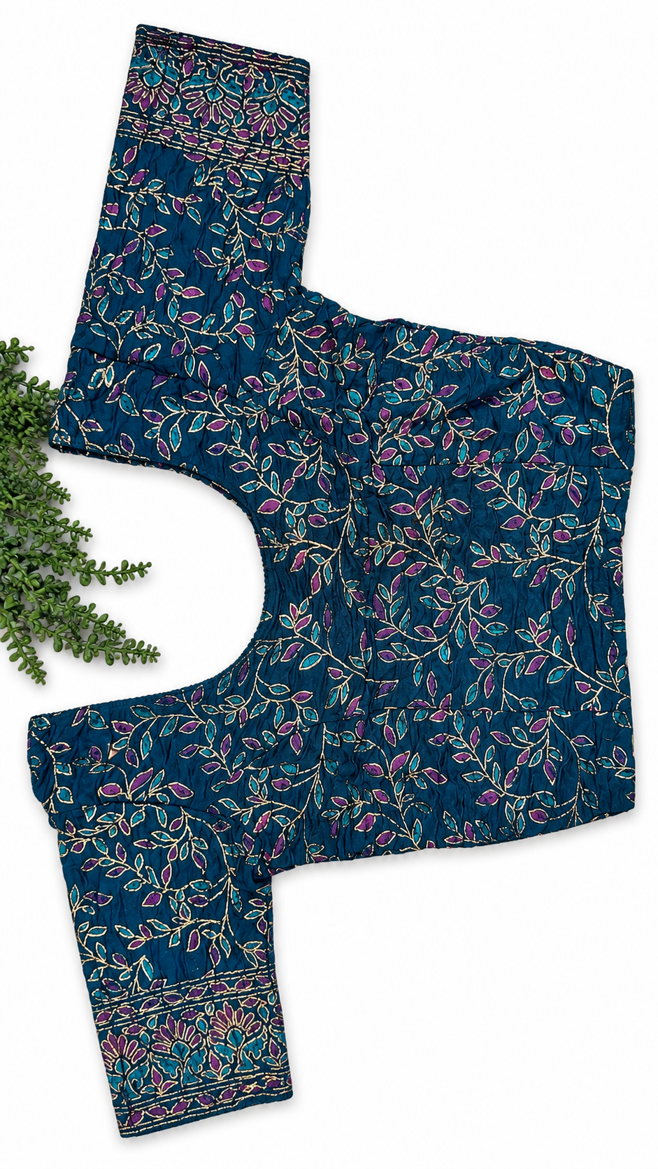 Stretchable Readymade Saree Blouse | Leaf Design with Gold Detailing | Ready to Wear Round Neck Blouse with Patterned Sleeve Border (S-L)