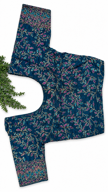 Stretchable Readymade Saree Blouse | Leaf Design with Gold Detailing | Ready to Wear Round Neck Blouse with Patterned Sleeve Border (S-L)