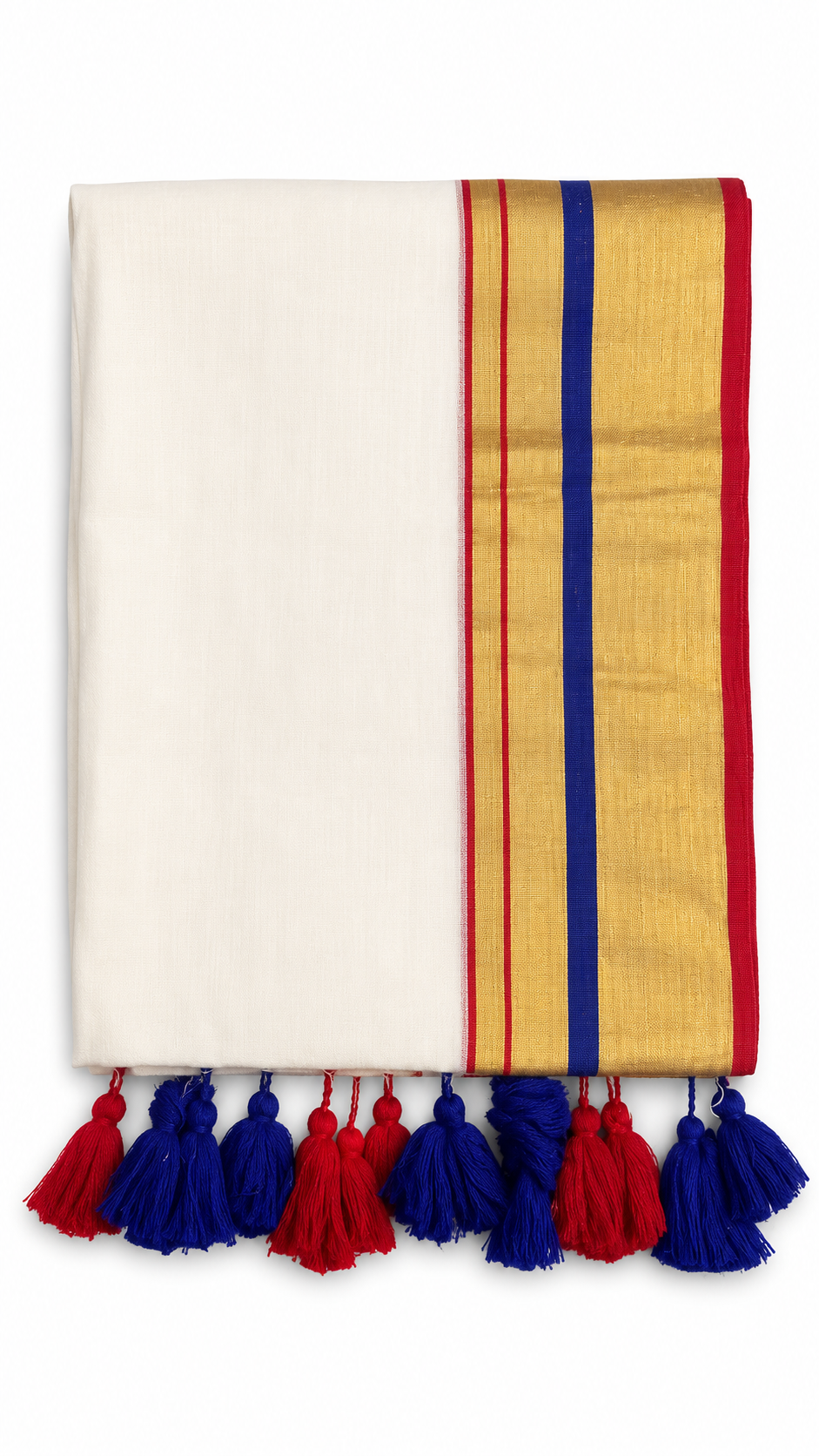 Off-White Mulcotton Saree with Gold Kasavu Border, Blue & Red Tassels – 120 Count Kerala Cotton Saree