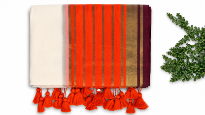 Off-White Mulcotton Saree with Orange & Gold Zari Stripe Border – 120 Count Kerala Cotton Saree