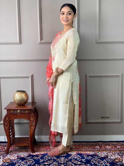 Ivory Chanderi Embroidered Kurti Pant Set with Coral Digital Print Dupatta