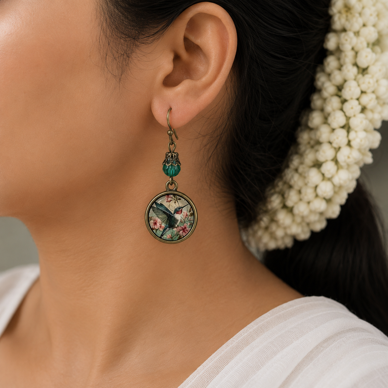 Vintage Hummingbird & Floral Glass Drop Earrings