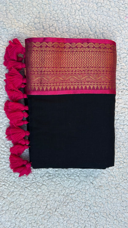 Mul Cotton 120 Count Saree with Pink Zari Woven Border in Black
