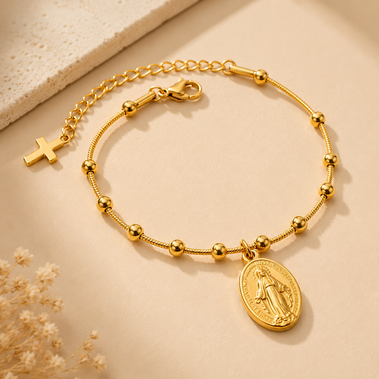 18K Gold Vacuum Plated Stainless Steel Virgin Mary Beaded Charm Bracelet