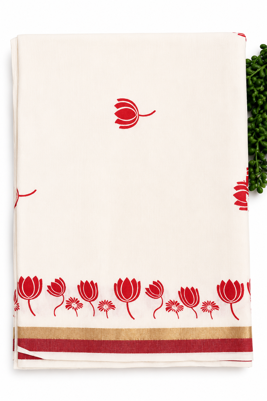 Kerala Cotton Saree | White Saree with Red Lotus Print & Gold Zari Border | Onam Festive Traditional Saree
