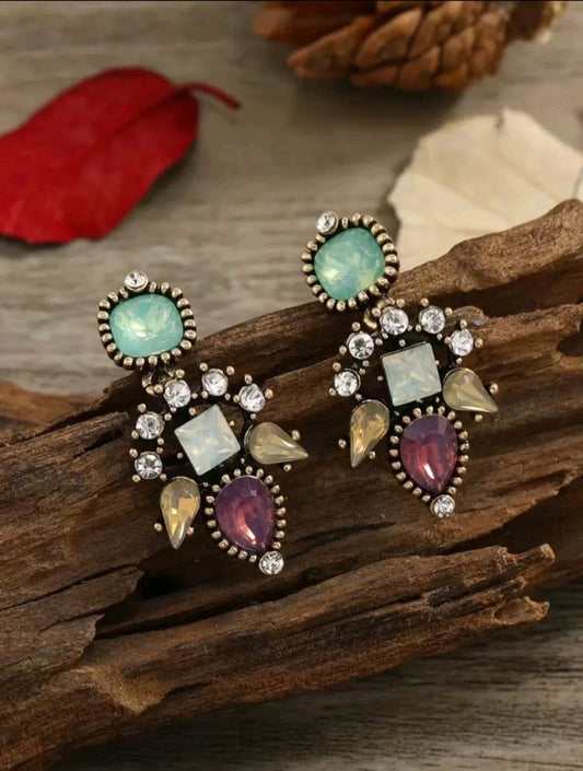 Stunning vintage-style statement earrings with multi-coloured gemstones including turquoise, amethyst and citrine in ornate silver setting - dramatic designer jewellery UK