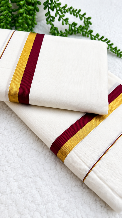 Kerala Set Mundu | Cotton 2-Piece Mundum Neriyathum with Gold Zari & Contrast Colour Border