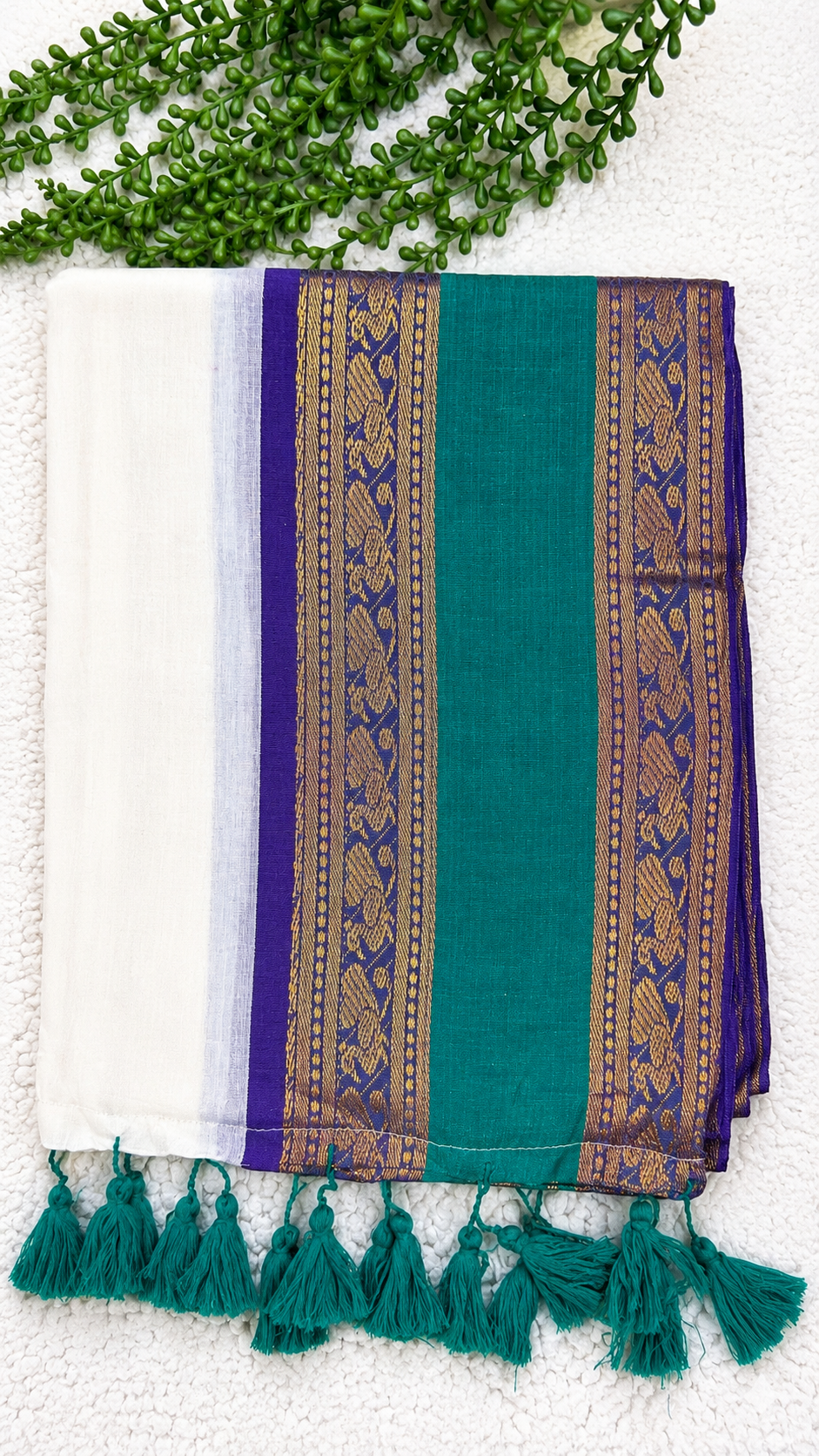 Mulcotton Saree | White & Teal Saree with Purple Gold Brocade Border | Tasselled Edge Traditional Saree