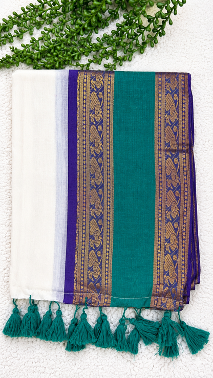 Mulcotton Saree | White & Teal Saree with Purple Gold Brocade Border | Tasselled Edge Traditional Saree