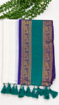 Mulcotton Saree | White & Teal Saree with Purple Gold Brocade Border | Tasselled Edge Traditional Saree