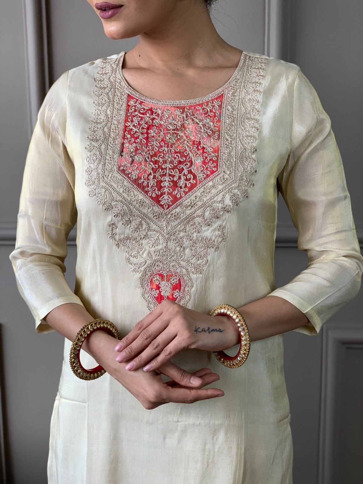 Ivory Chanderi Embroidered Kurti Pant Set with Coral Digital Print Dupatta