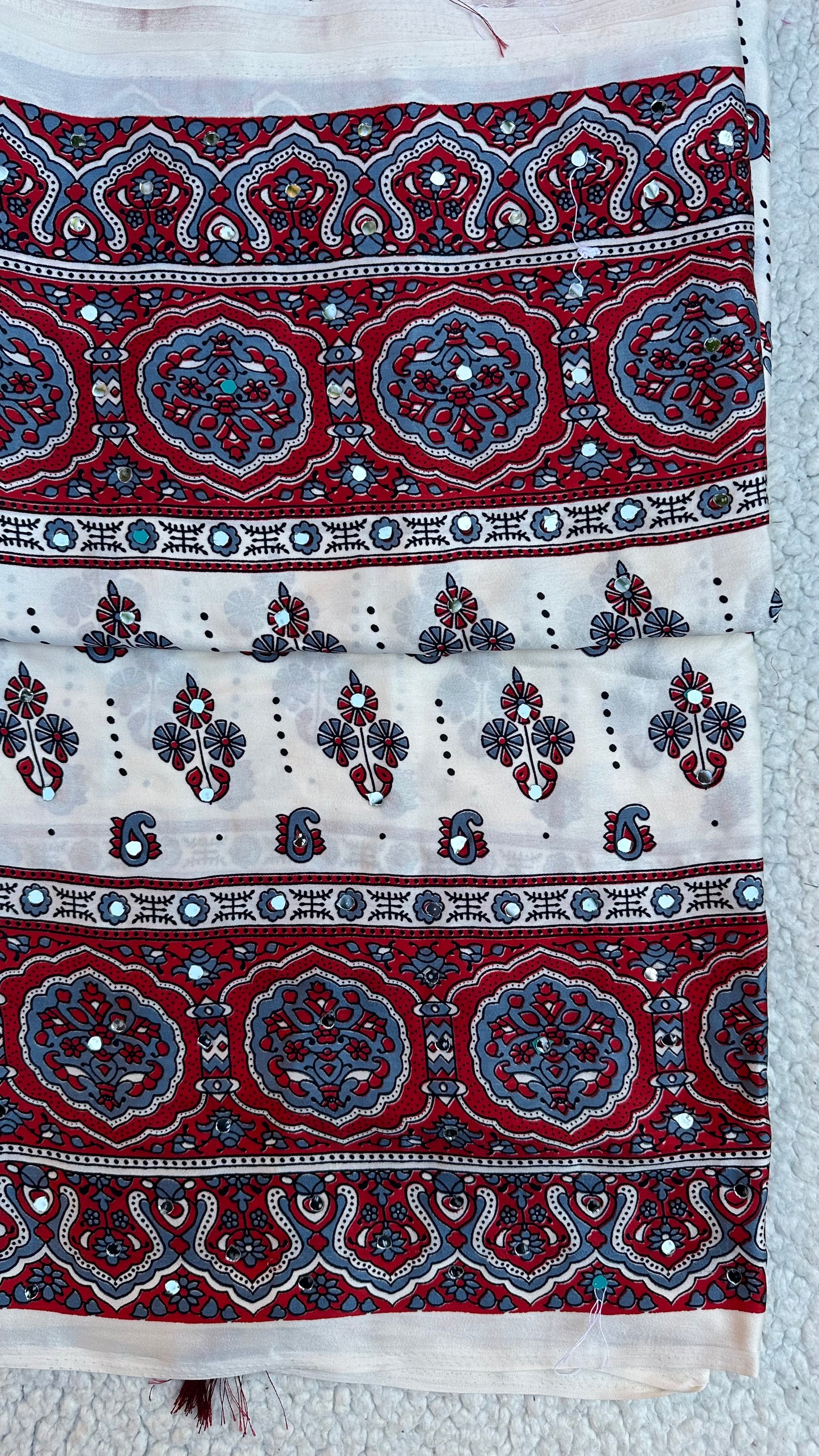 Modal Silk Ajrak Printed Saree with Mirror Work in White