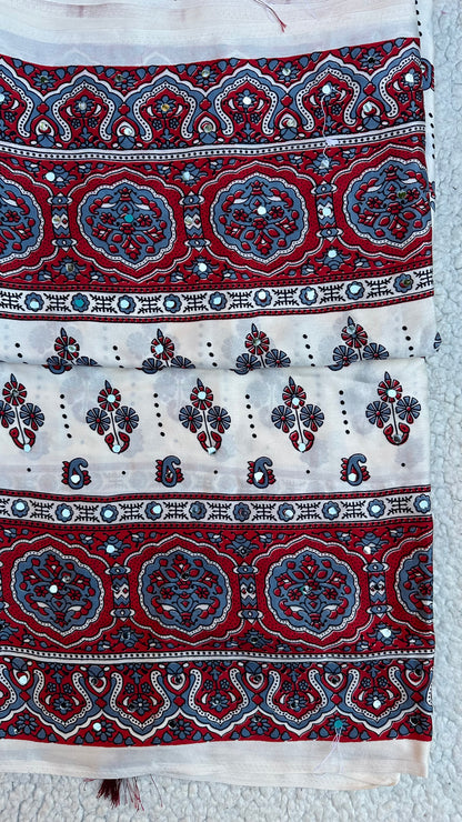 Modal Silk Ajrak Printed Saree with Mirror Work in White