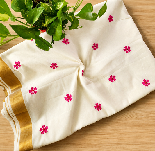 Off-White Cotton Saree with Pink Flower Embroidery – Kerala Cotton Saree with Gold Border