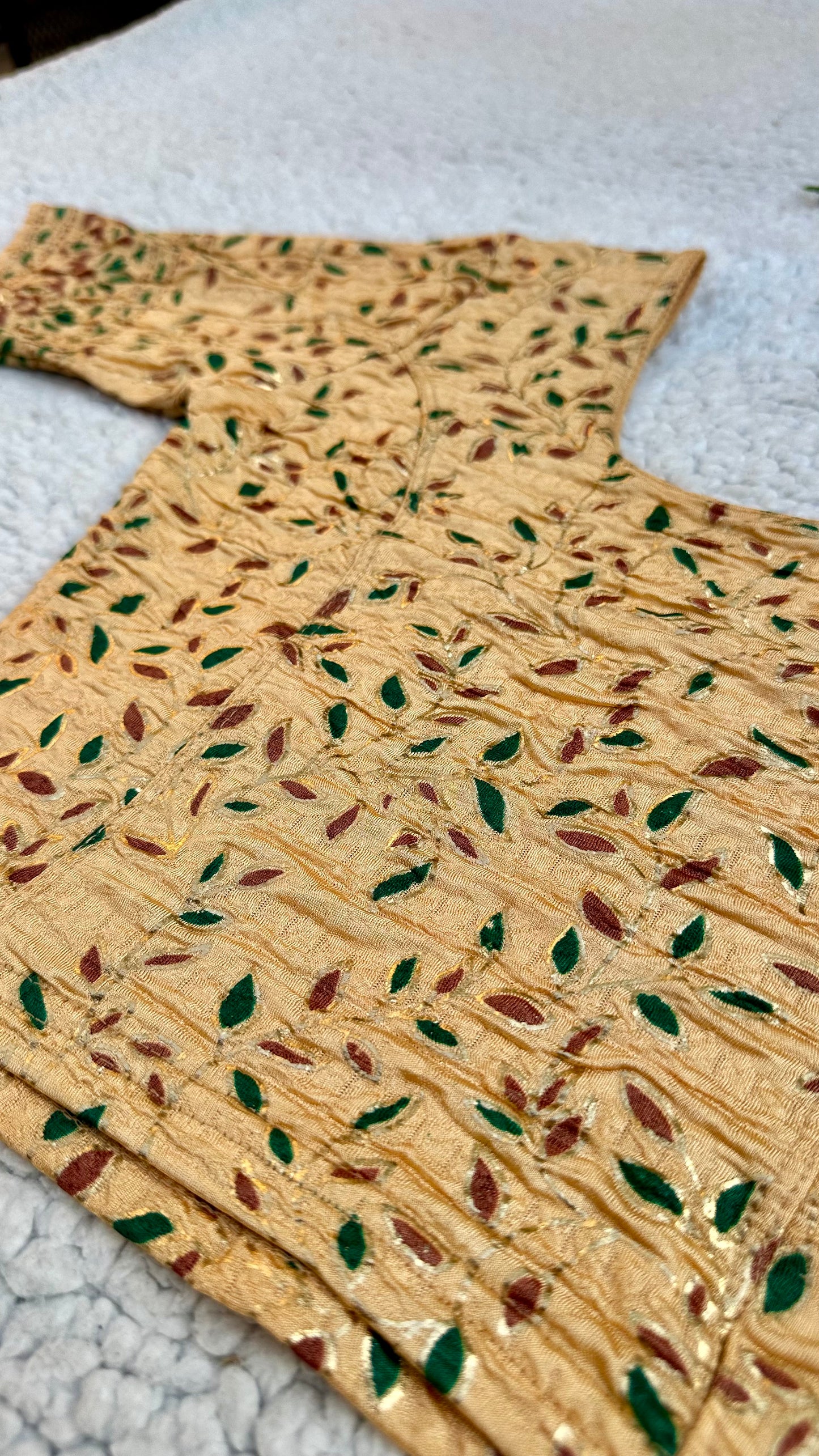 Stretchable Readymade Saree Blouse | Leaf Design with Gold Detailing | Ready to Wear Round Neck Blouse with Patterned Sleeve Border (S-L)