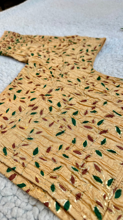 Stretchable Readymade Saree Blouse | Leaf Design with Gold Detailing | Ready to Wear Round Neck Blouse with Patterned Sleeve Border (S-L)