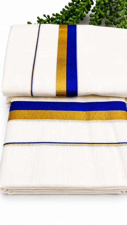 Kerala Set Mundu | Cotton 2-Piece Mundum Neriyathum with Gold Zari & Contrast Colour Border