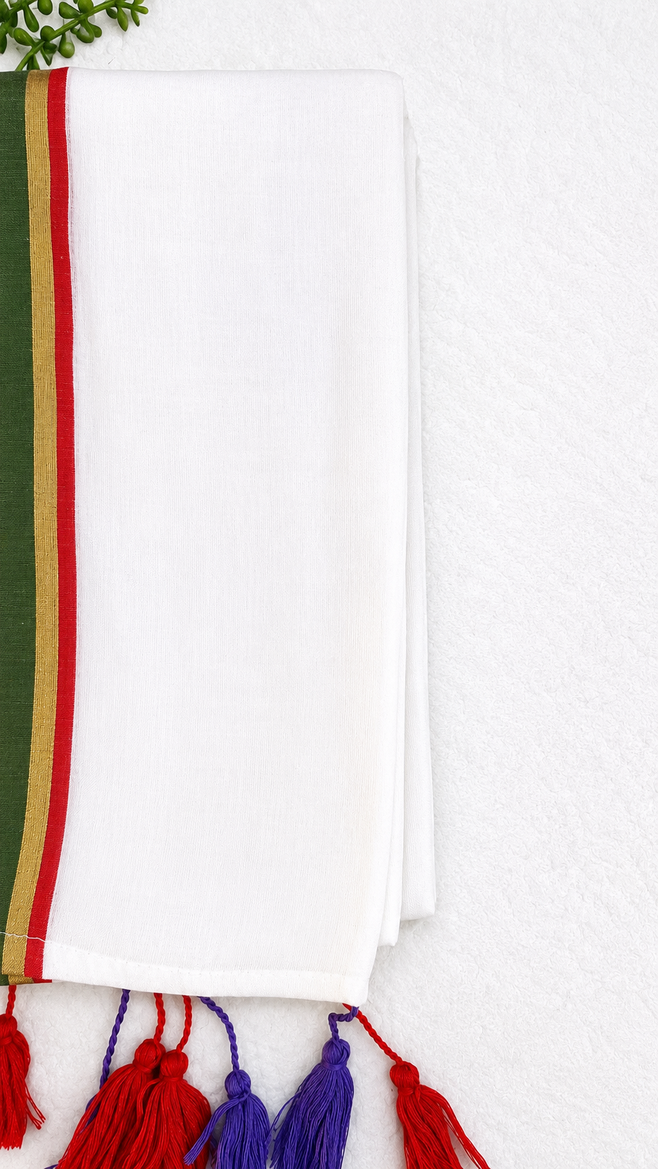 Mulcotton Saree | White Saree with Multicolour Striped Gold Zari Border | Red & Purple Tasselled Edge
