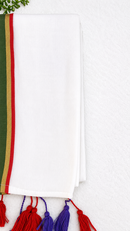 Mulcotton Saree | White Saree with Multicolour Striped Gold Zari Border | Red & Purple Tasselled Edge