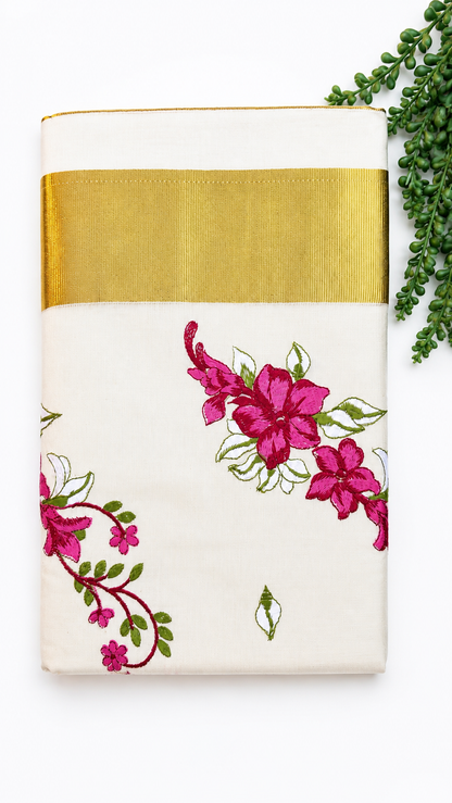 Cotton Saree with Pink Floral Embroidery & Gold Border | Kerala Style Festive Wear