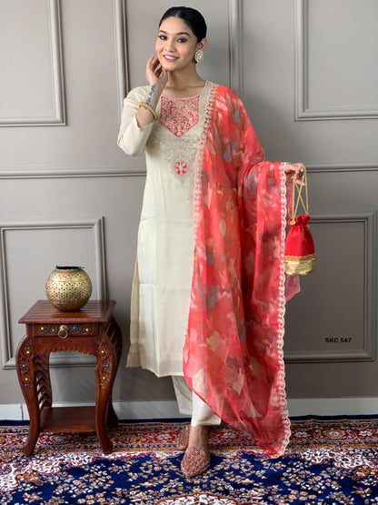 Ivory Chanderi Embroidered Kurti Pant Set with Coral Digital Print Dupatta