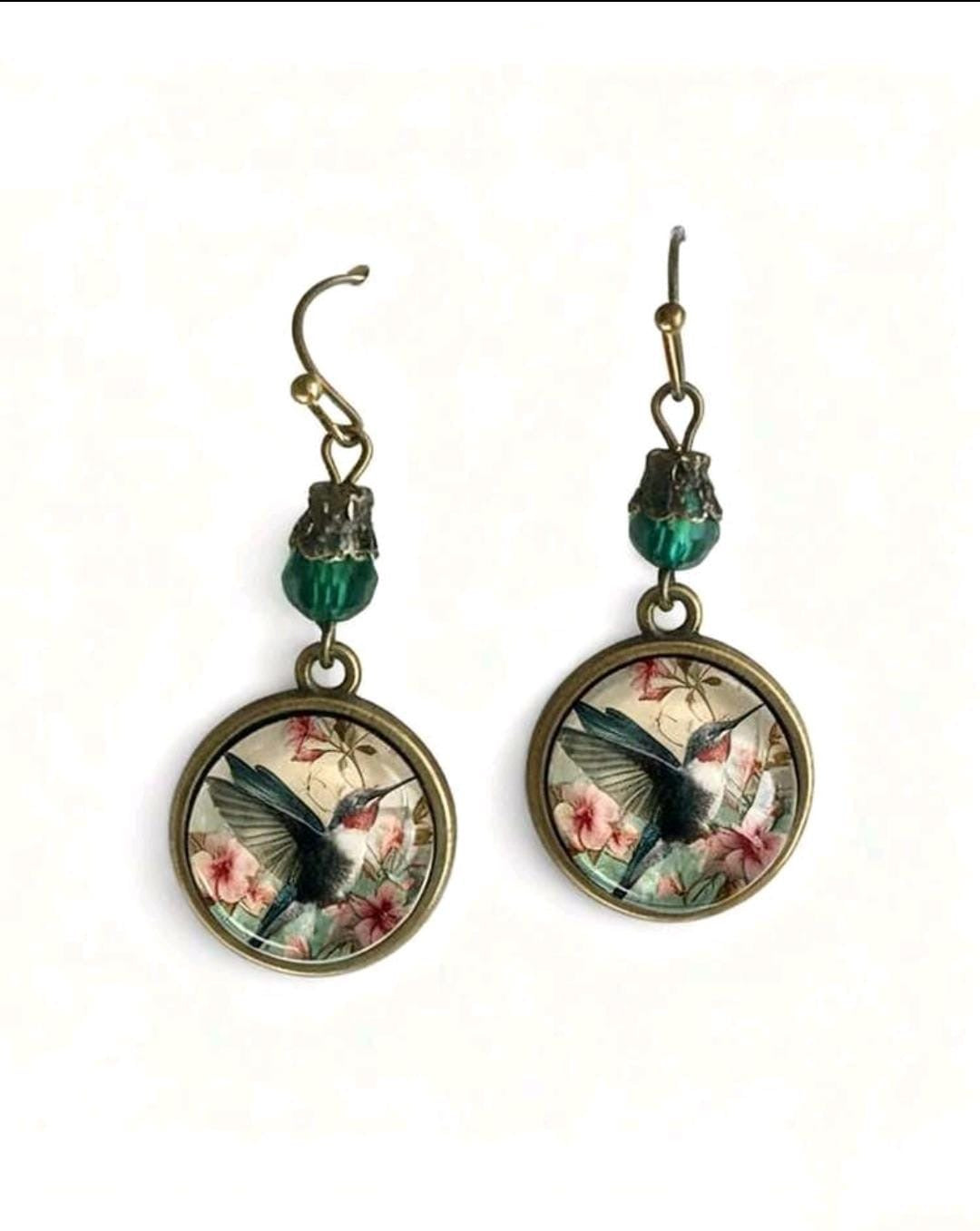 Vintage Hummingbird & Floral Glass Drop Earrings