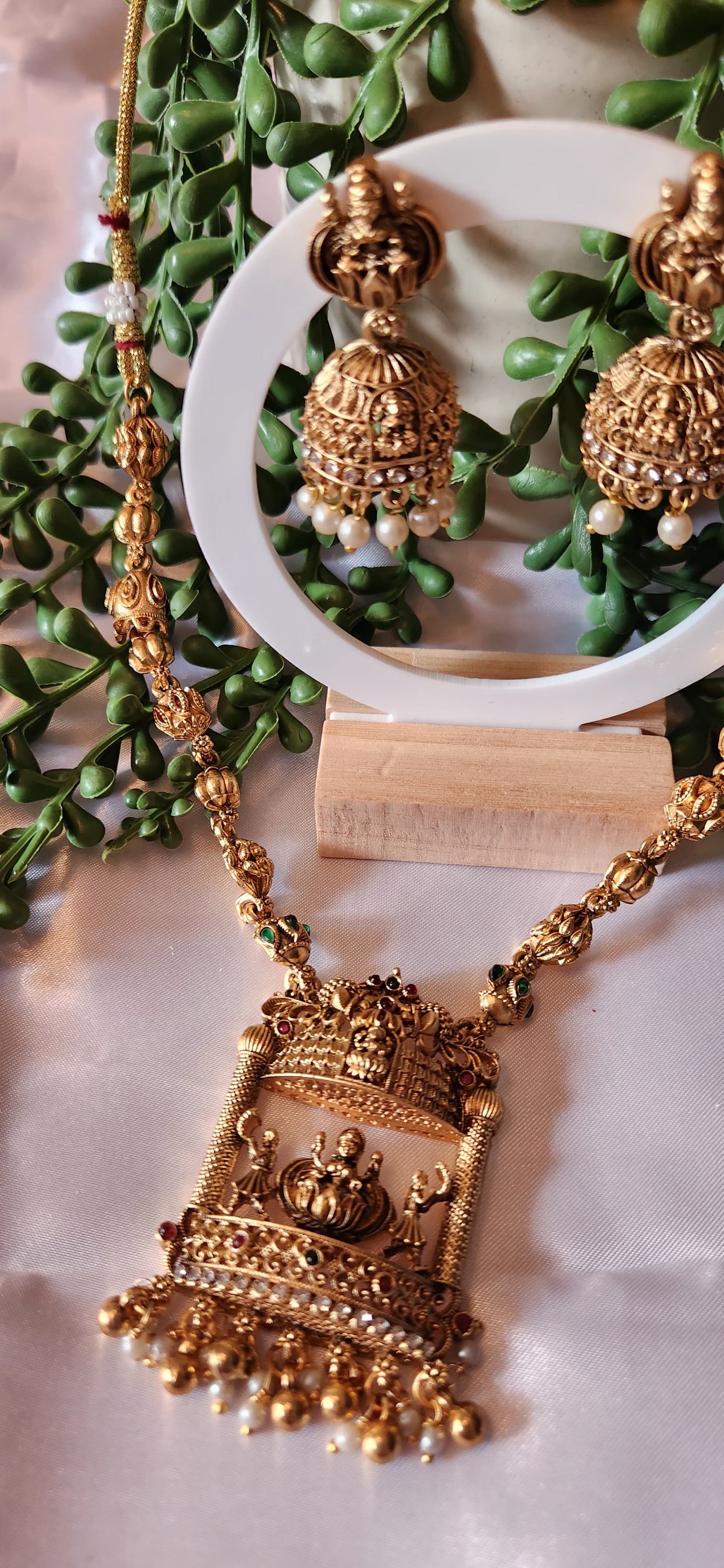 Antique Gold Temple Haram Necklace Set – Long Lakshmi Pendant with Jhumka Earrings & Pearl Drops