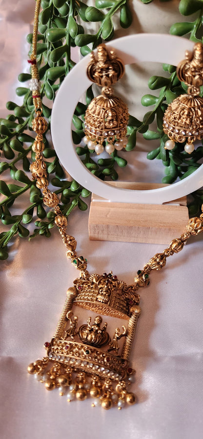 Antique Gold Temple Haram Necklace Set – Long Lakshmi Pendant with Jhumka Earrings & Pearl Drops