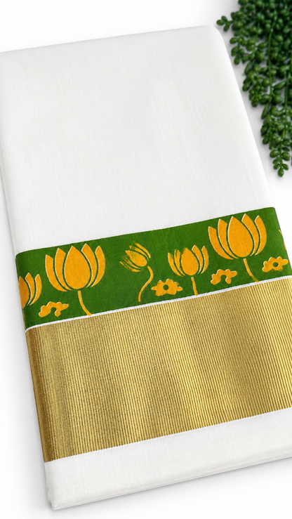 Kerala Cotton Set Saree | Onam Special White Cotton Saree with Green Lotus Motif & Gold Kasavu Border | Traditional Festive Saree