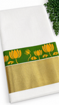 Kerala Cotton Set Saree | Onam Special White Cotton Saree with Green Lotus Motif & Gold Kasavu Border | Traditional Festive Saree